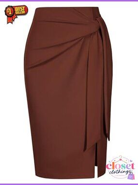 Womens Stretch Knee Length Pencil Skirt High Waist Bow Tie Office Wear